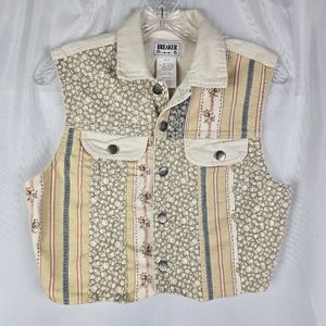 1980s Vintage Floral Patchwork Striped Cropped Vest in Cream, Yellow & Blue